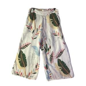 CYNTHIA ROWLEY 100% Linen Tropical Print Wide Leg Crop Pants Womens Size